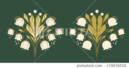 Vector set of tracery and silhouette illustration lilies of the valley in flat style. Collection of floral symmetrical arrangement Vector set of tracery and silhouette illustration lilies of the valley in flat style. Collection of floral symmetrical arrangement 119016018