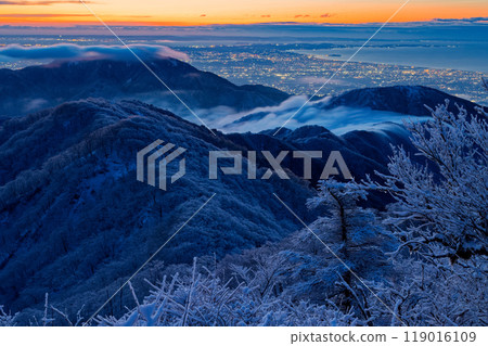 丹澤登岳的樹木被霜覆蓋，黎明時分大山、表一、湘南的城市燈光 119016109