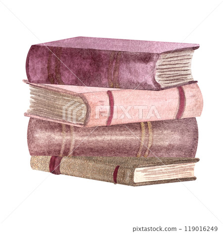 Stack of pink and gold hardcover old books watercolor illustration isolated on white. Hand painted thick books perfect for stationary, bookstore, reading theme, book club labels, logo decor 119016249