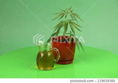Bowl with hemp oil and leafs, side view. Bowl with hemp oil and leafs, side view. 119016360