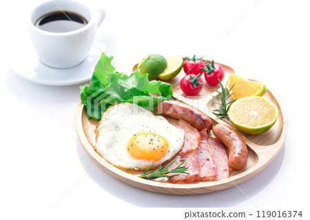 Breakfast image (fried egg, sausage, bacon, coffee) Breakfast image (fried egg, sausage, bacon, coffee) 119016374