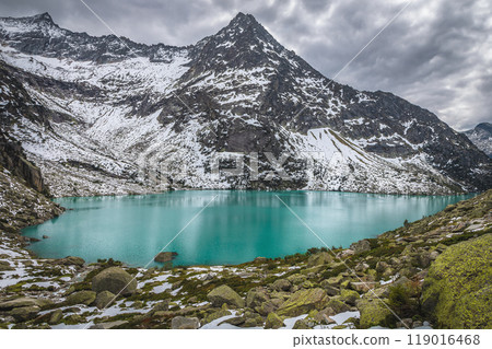 Turquoise Gelmersee lake and snowy mountains, Grimsel Pass, Switzerland Turquoise Gelmersee lake and snowy mountains, Grimsel Pass, Switzerland 119016468