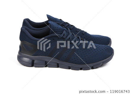 Blue summer sneaker made of mesh fabric, with a thick sole, isolate on a white background. 119016743