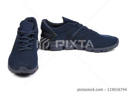 Blue summer sneaker made of mesh fabric, with a thick sole, isolate on a white background. Blue summer sneaker made of mesh fabric, with a thick sole, isolate on a white background. 119016744