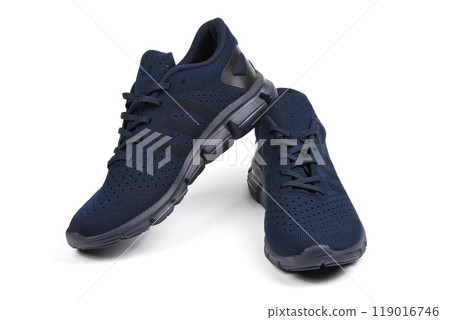 Blue summer sneaker made of mesh fabric, with a thick sole, isolate on a white background. Blue summer sneaker made of mesh fabric, with a thick sole, isolate on a white background. 119016746