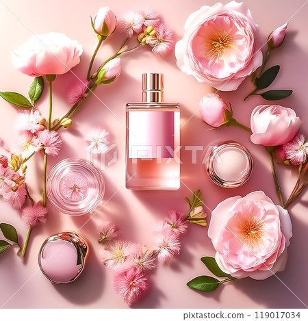 Image material of beautiful pink perfume bottles and cosmetic accessories 119017034