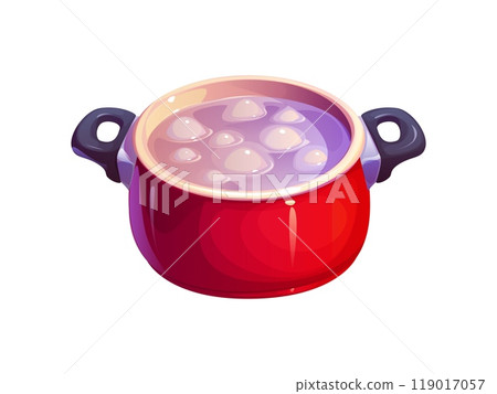 Red pot filled with boiling water showcasing the cooking process. Cartoon vector pan with bubbles forming on the surface highlighting the heat and preparation in culinary kitchen cook food activities 119017057