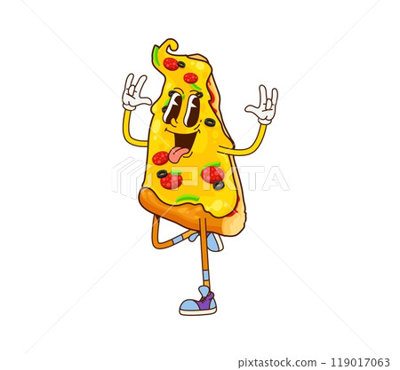 Cartoon fast food pizza slice groovy character. Fast food cafe or takeaway restaurant meal or street menu snack funny isolated vector personage. Fast food cafe pizza slice cheerful groovy character Cartoon fast food pizza slice groovy character. Fast food cafe or takeaway restaurant meal or street menu snack funny isolated vector personage. Fast food cafe pizza slice cheerful groovy character 119017063