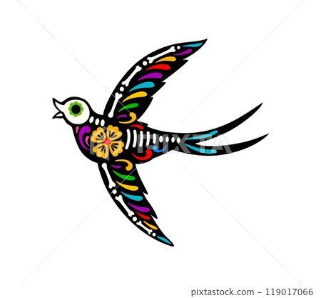 Mexican day of the dead swallow bird animal tattoo symbolizing joy of life and death. Isolated vector vibrant sugar skull of flying bird with bones, intricate patterns, bold colors and floral motifs 119017066