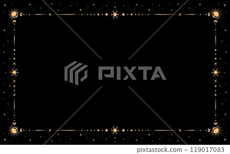 Mystic celestial frame with astrology sun, moon and stars in golden line border, vector background. Mystic celestial frame for Tarot cards, esoteric astrology and witchcraft magic with sky symbols 119017083