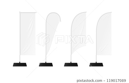 Realistic flag banner stands for advertising and promotional events. 3d vector rectangular, feather and teardrop shaped signs for both indoor and outdoor use, brand visibility and marketing promotions 119017089