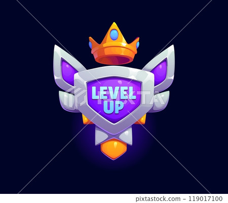Level up game reward, rate icon features silver pentagonal shield, adorned with wings and shining golden crown on top, symbolizing achievement, progression, advancement and milestones in gaming ux Level up game reward, rate icon features silver pentagonal shield, adorned with wings and shining golden crown on top, symbolizing achievement, progression, advancement and milestones in gaming ux 119017100