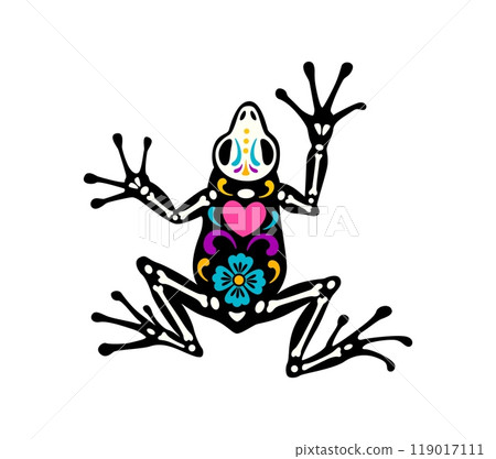 Mexican day of the dead frog animal tattoo skeleton with bones and heart. Isolated vector Dia de los Muertos figure of toad amphibian, sugar skull with floral pattern, symbol of nature and wild life Mexican day of the dead frog animal tattoo skeleton with bones and heart. Isolated vector Dia de los Muertos figure of toad amphibian, sugar skull with floral pattern, symbol of nature and wild life 119017111