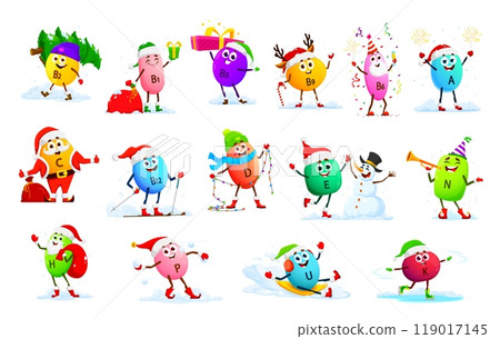 Cartoon vitamin characters on Christmas winter holiday with Santa gifts, vector micronutrients. Funny happy vitamin B, E and C with Christmas tree and snowman, riding sledge or skating on ice rink 119017145