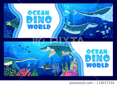 Paper cut banners with underwater prehistoric dinosaurs and reptiles, vector Jurassic era animals. Cartoon underwater prehistoric dinosaurs and reptiles for kids dino world atlas or paleontology book 119017148