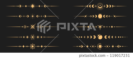 Mystic celestial divider borders with magic symbols of sun, moon and stars, vector boarders. Dividers and borders with mystic celestial signs for Tarot frames, astrology and esoteric sacred geometry 119017231