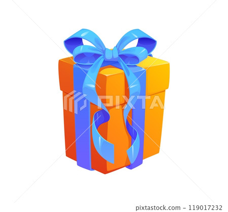 Vibrant cartoon gift box with a striking orange body and a large blue ribbon bow. Isolated vector colorful present for celebrations of birthdays, holidays, or Christmas, festive events and parties 119017232