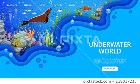 Landing page template with underwater landscape and paper cut waves inviting to explore vibrant marine life with seal, jellyfish, fish shoal and turtle. Vector web banner with ocean animals and flora 119017233