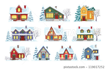 Christmas winter house facade exteriors. Vector Xmas holiday town or village street scene of cartoon home buildings with Christmas trees, snow, lights and Xmas decorations, wreaths and garlands Christmas winter house facade exteriors. Vector Xmas holiday town or village street scene of cartoon home buildings with Christmas trees, snow, lights and Xmas decorations, wreaths and garlands 119017252