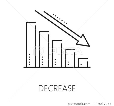 Finance data analytics, decrease graph line icon. Business research report analysis, finance performance analytics or company statistic outline vector icon column infographics and pointing down arrow Finance data analytics, decrease graph line icon. Business research report analysis, finance performance analytics or company statistic outline vector icon column infographics and pointing down arrow 119017257