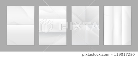 White fold paper or notebook wrinkle sheet of crumpled pages, realistic vector. Folded paper with blank background for poster, leaflet, flyer or banner document with fold crease of crumpled pages 119017280