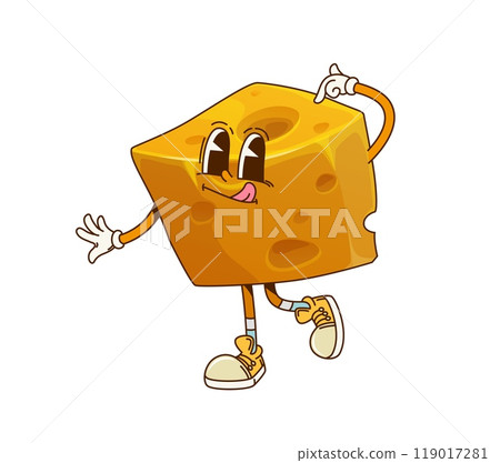 Funny groovy cheese character. Cartoon vector yellow piece of cheese, playful dairy product, retro personage with a silly expression, scratching head and showing its tongue, conveys fun and energy 119017281
