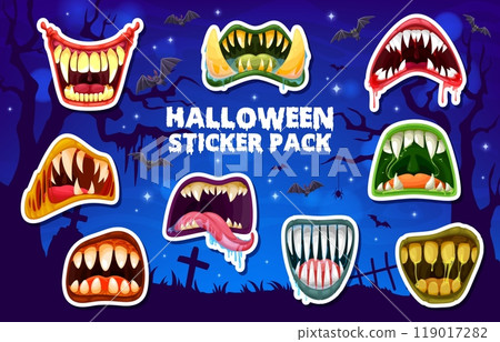 Stickers pack of Halloween monster mouth with drool jaws. Vector patches of monstrous mouths with exaggerated, sharp teeth, some dripping with saliva or blood on spooky graveyard with bats and spiders Stickers pack of Halloween monster mouth with drool jaws. Vector patches of monstrous mouths with exaggerated, sharp teeth, some dripping with saliva or blood on spooky graveyard with bats and spiders 119017282