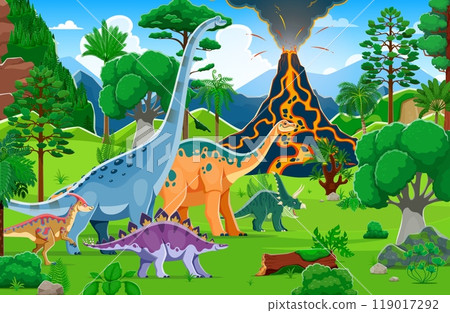 Prehistoric era landscape with dinosaurs amidst lush tropical greenery and a dramatic erupting volcano. Cartoon vector scene showcasing a tranquil yet dynamic ecosystem teeming with Jurassic era life 119017292