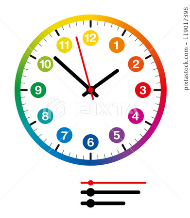 Colorful dial of a kids watch. Rainbow colored, circular, analog clock face with bold numbers for hours, a division into minutes, hands for hours, minutes, and seconds, and with an extra set of hands. 119017398