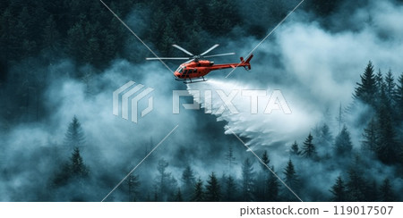Helicopter combatting a wildfire by dropping water 119017507