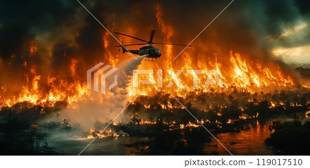 Helicopter combatting a wildfire by dropping water 119017510