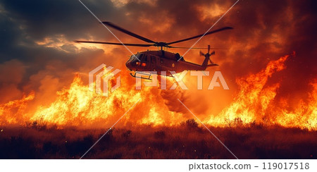 Helicopter combatting a wildfire by dropping water Helicopter combatting a wildfire by dropping water 119017518