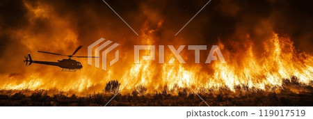 Helicopter combatting a wildfire by dropping water 119017519