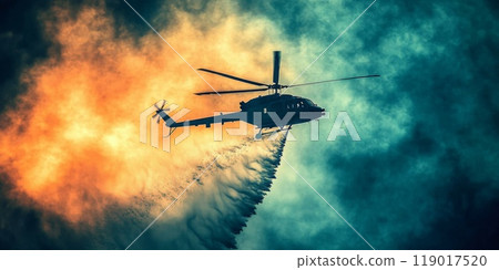 Helicopter combatting a wildfire by dropping water Helicopter combatting a wildfire by dropping water 119017520