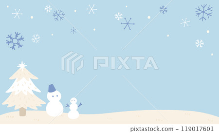 冬季景觀背景，雪花飄落，雪人和冷杉樹，可愛的手繪插畫 119017601