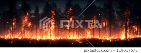 A forest on fire, the burning trees in flames. Large scale natural disaster 119017673