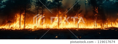 A forest on fire, the burning trees in flames. Large scale natural disaster 119017674