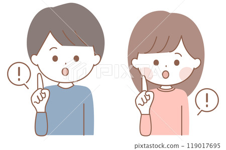 Set of illustrations of a man and a woman pointing in surprise 119017695
