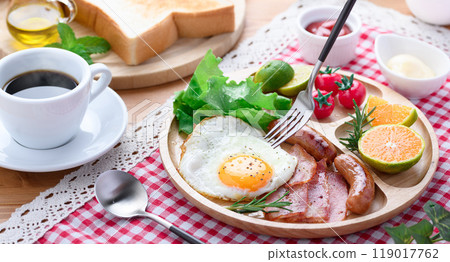 Breakfast image (bread, salad, fried egg, sausage, bacon, coffee) Breakfast image (bread, salad, fried egg, sausage, bacon, coffee) 119017762