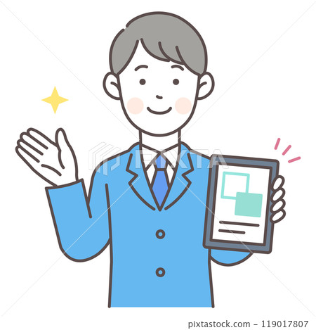 Male office worker giving directions using a tablet 119017807