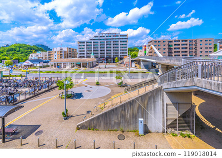 Yokohama cityscape in Japan. View of Kitayamada Station on the Yokohama Municipal Subway Green Line. Yokohama International Pool in the background. Yokohama cityscape in Japan. View of Kitayamada Station on the Yokohama Municipal Subway Green Line. Yokohama International Pool in the background. 119018014