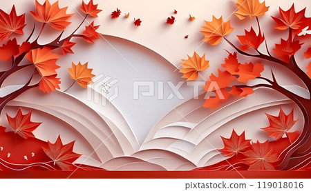 秋葉的剪紙藝術在秋天改變顏色。橫幅背景資料與秋天的形象。 119018016