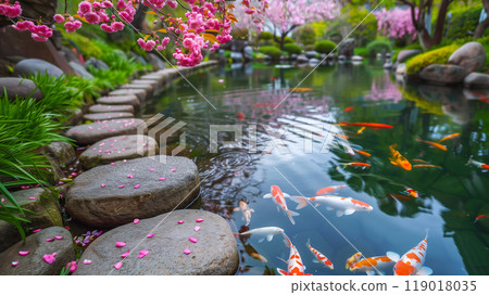 池塘上的石路有錦鯉，安靜祥和的自然景觀 119018035