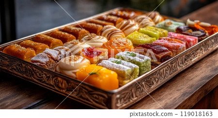 Traditional Indian sweets. Diwali festive colorful bright homemade dishes sweets 119018163