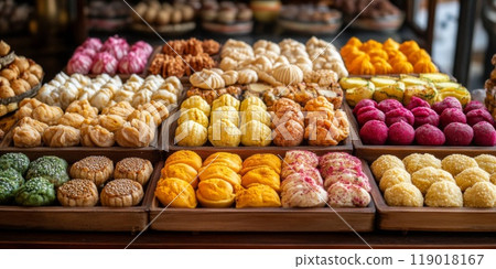 Traditional Indian sweets. Diwali festive colorful bright homemade dishes sweets 119018167