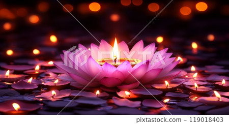 Clay Diya lamps lit during Indian Holiday Diwali, Hindu festival 119018403