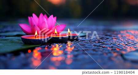 Clay Diya lamps lit during Indian Holiday Diwali, Hindu festival 119018404