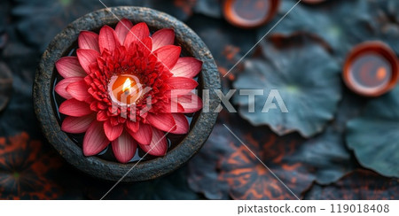 Clay Diya lamps lit during Indian Holiday Diwali, Hindu festival 119018408