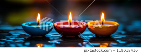 Clay Diya lamps lit during Indian Holiday Diwali, Hindu festival 119018410