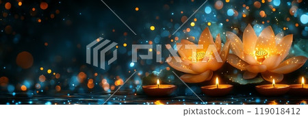 Clay Diya lamps lit during Indian Holiday Diwali, Hindu festival 119018412